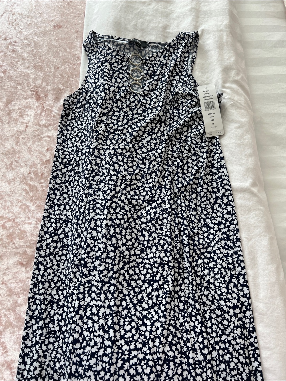 Sleeveless Navy & White Floral Maxi Dress with Ring Detail with a slit